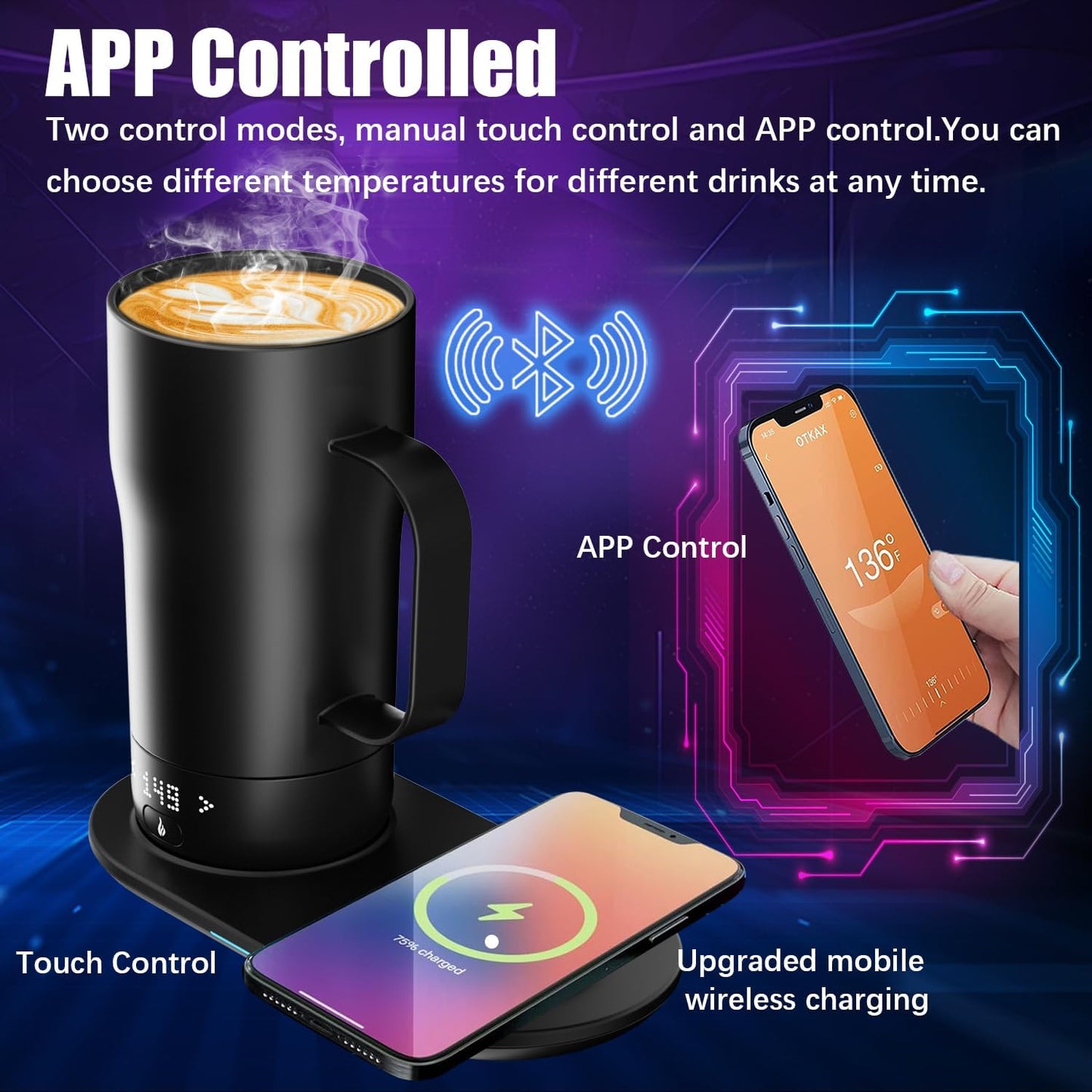 Hayins Smart Self Heating Coffee Mug 18 Oz Temperature Control Heated Coffee Mug App Controlled Warmer Mug 5-10 Hour LED Display