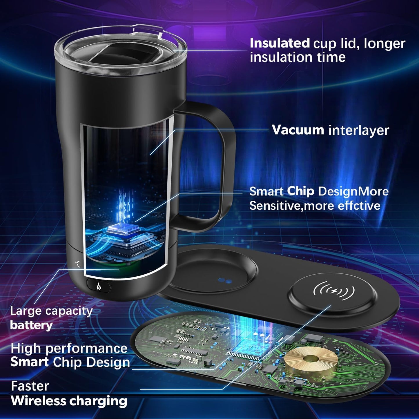Hayins Smart Self Heating Coffee Mug 18 Oz Temperature Control Heated Coffee Mug App Controlled Warmer Mug 5-10 Hour LED Display